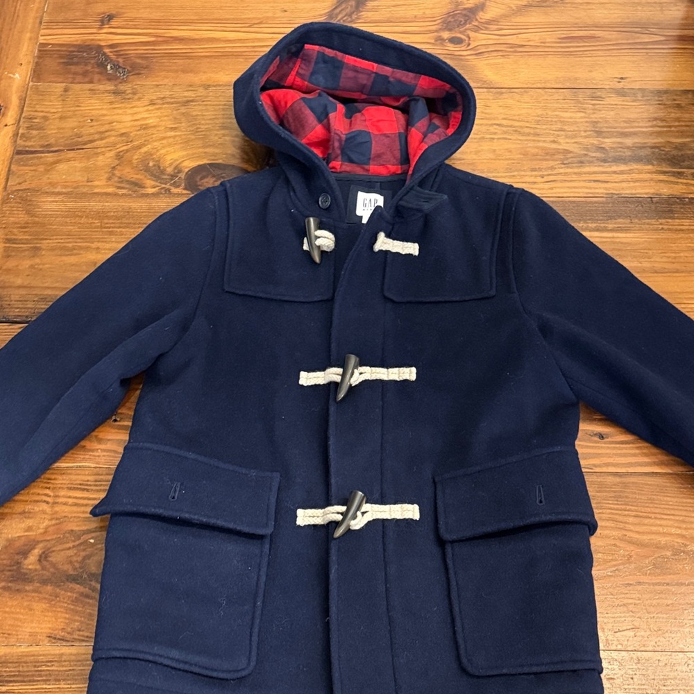 GAP Navy Coat with Red Plaid Hood